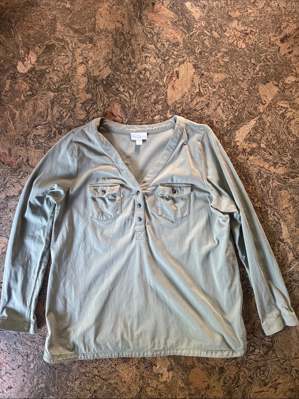J. Jill Sage Green V‑Neck Henley with Chest Pockets